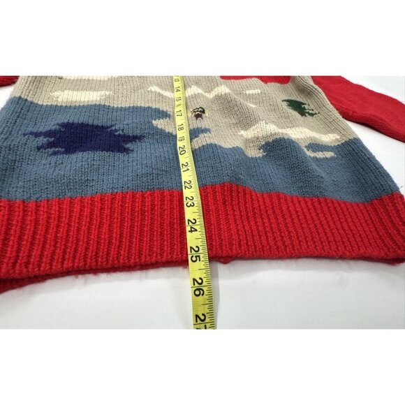Vintage 80s Wool Cardigan Sweater Womens Medium Red Rustic Cabin Forest Button - Picture 8 of 15